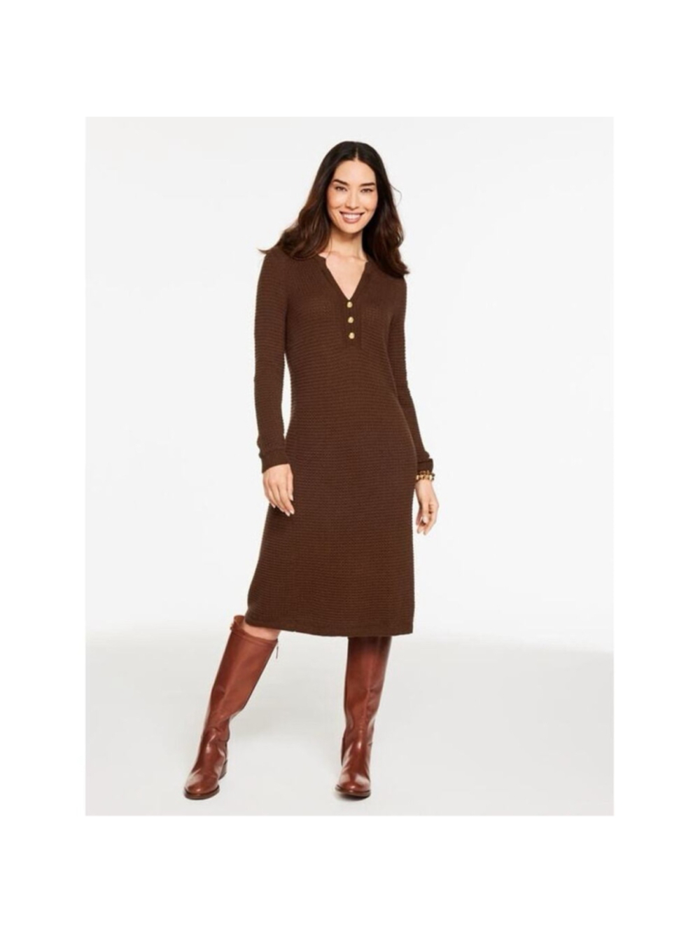 Talbots Walnut Brown Gold Button A Line Cotton Blend Midi Sweater Dress M